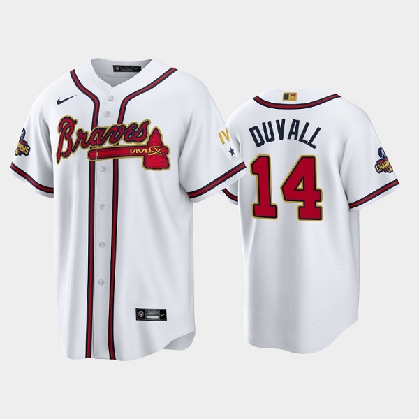 Men's Atlanta Braves #14 Adam Duvall 2022 White/Gold World Series Champions Program Cool Base Stitched Baseball Jersey